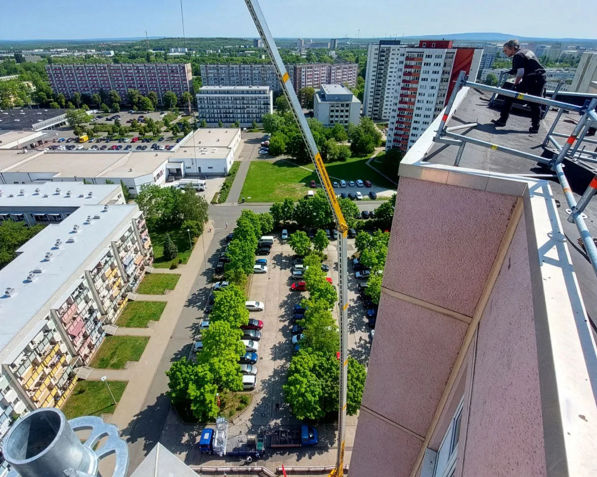 Kranarbeiten auf dem Dach eines Hochhauses